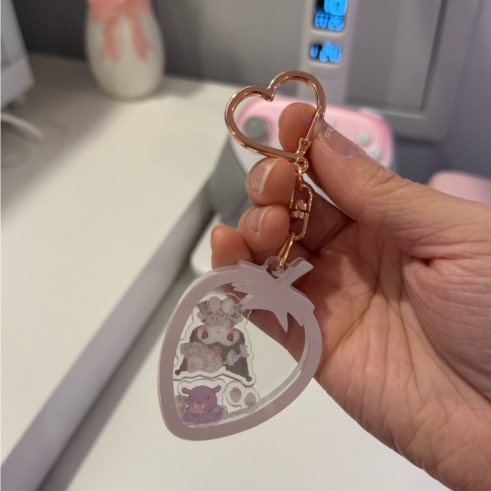 Strawberry Shaped Kuromi Keychain with Heart Clip